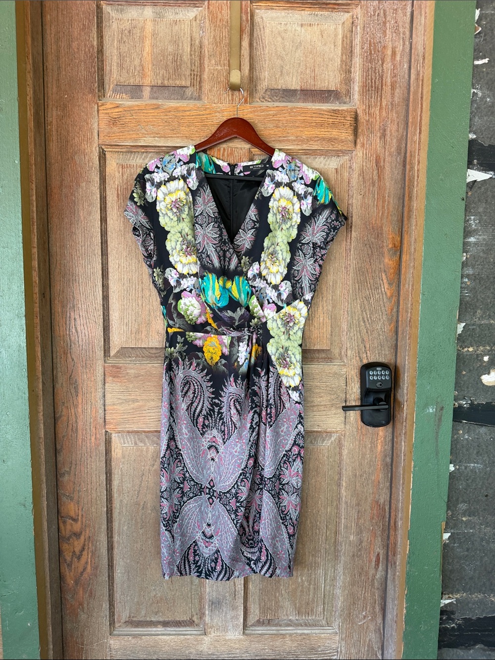 Etro Black Wrap Dress with Green, Yellow & Purple Floral Accents
